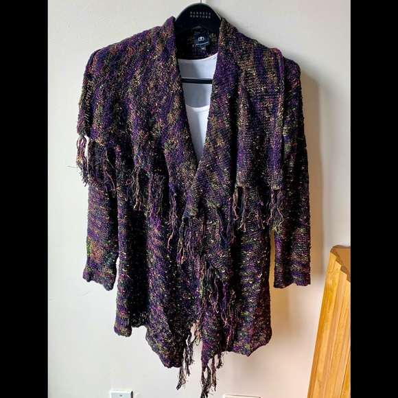 Heidi Hess Hand Loomed Silk Fringe Wrap Sweater Black with Multi - Picture 2 of 4